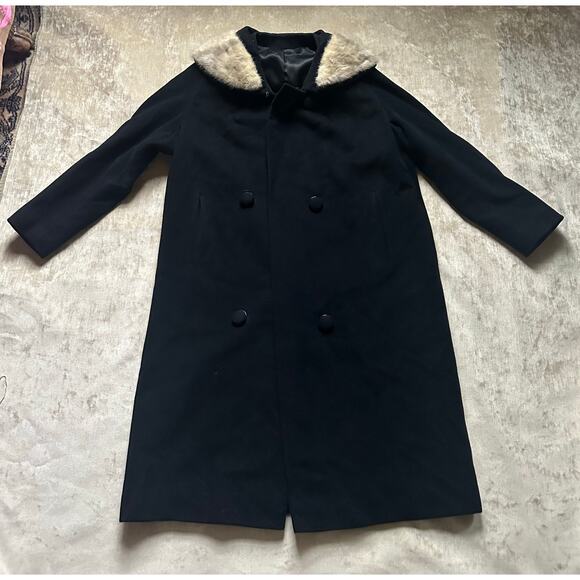 Vintage wool angora mink collar woman coat black gray DOBROYD retro overcoat S - Picture 1 of 16